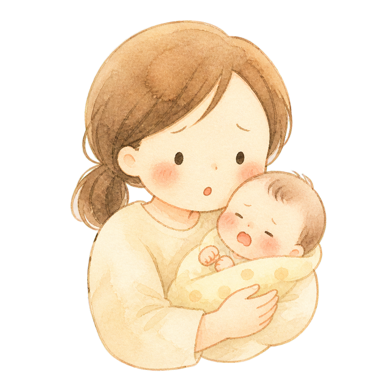 赤ちゃんを抱きながら不安そうな母親