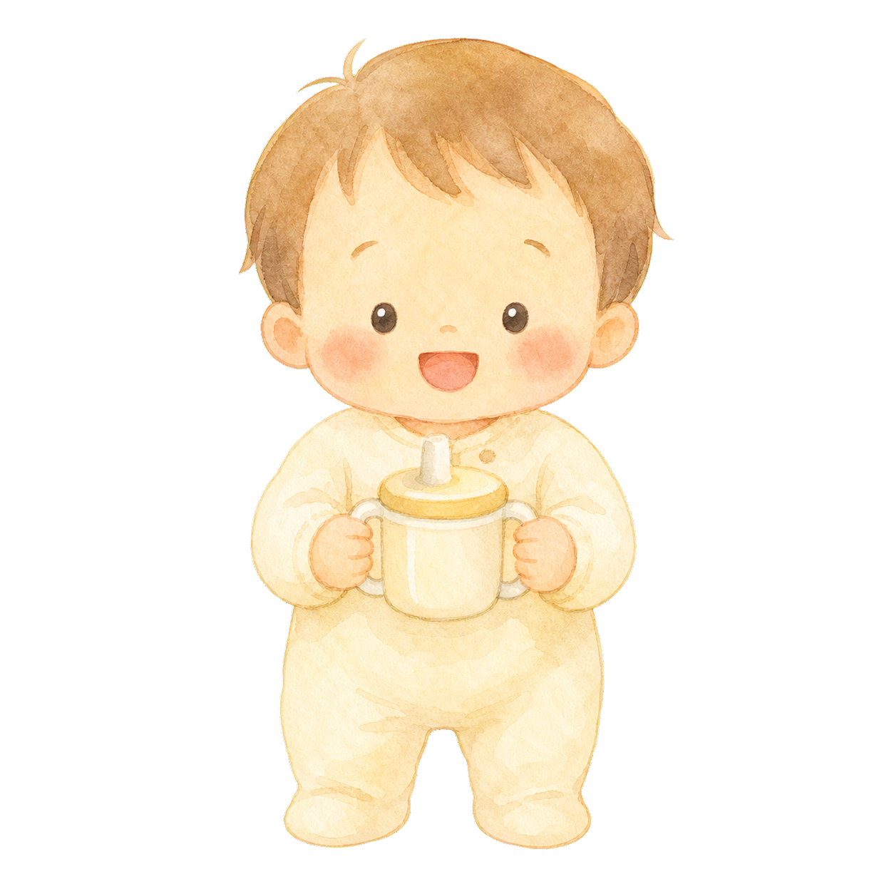 コップで飲み物を飲む幼児と母親